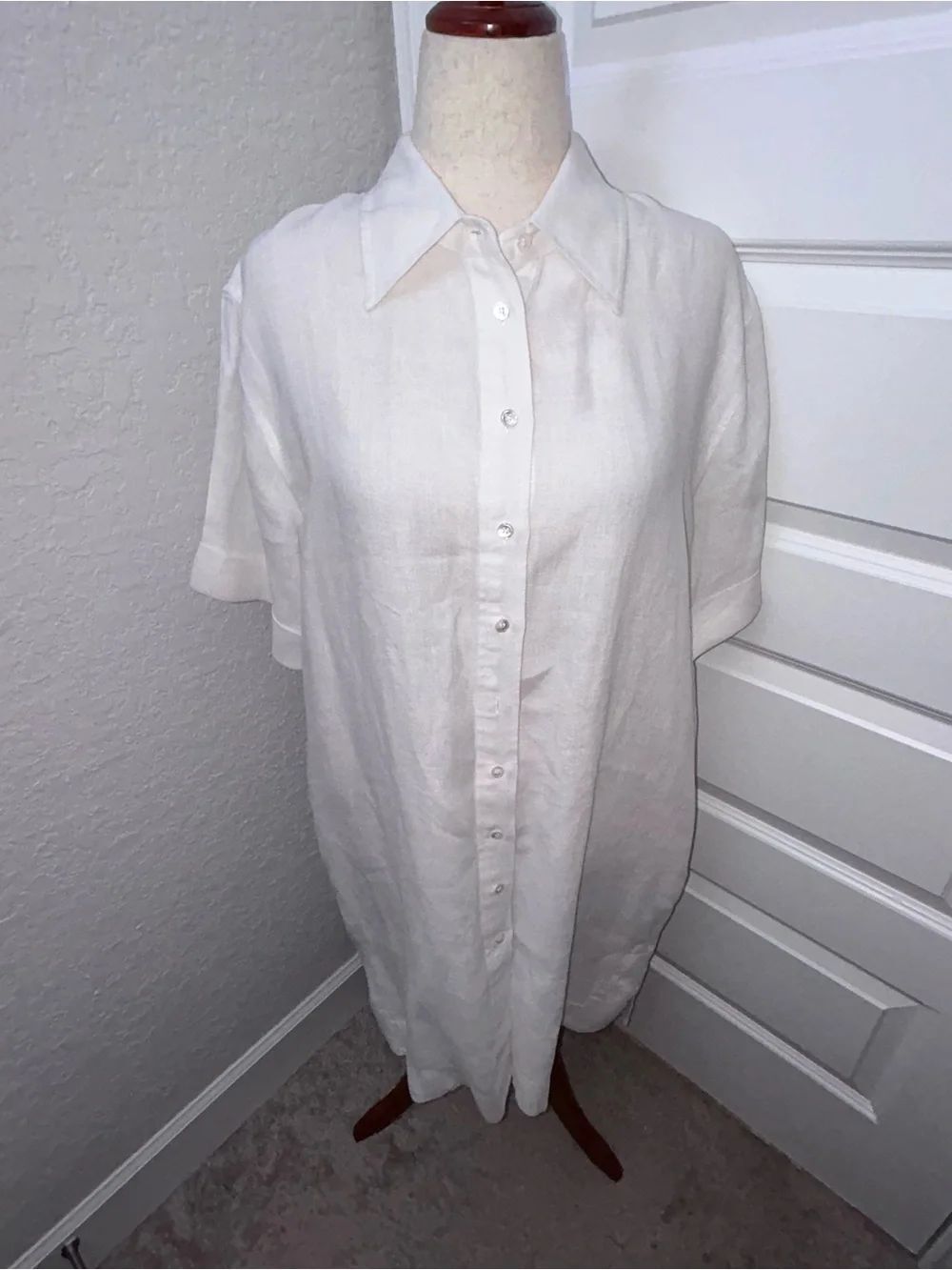 TRENERY 100% French Linen Short Sleeve Button Front Lagenlook Shirt Dress